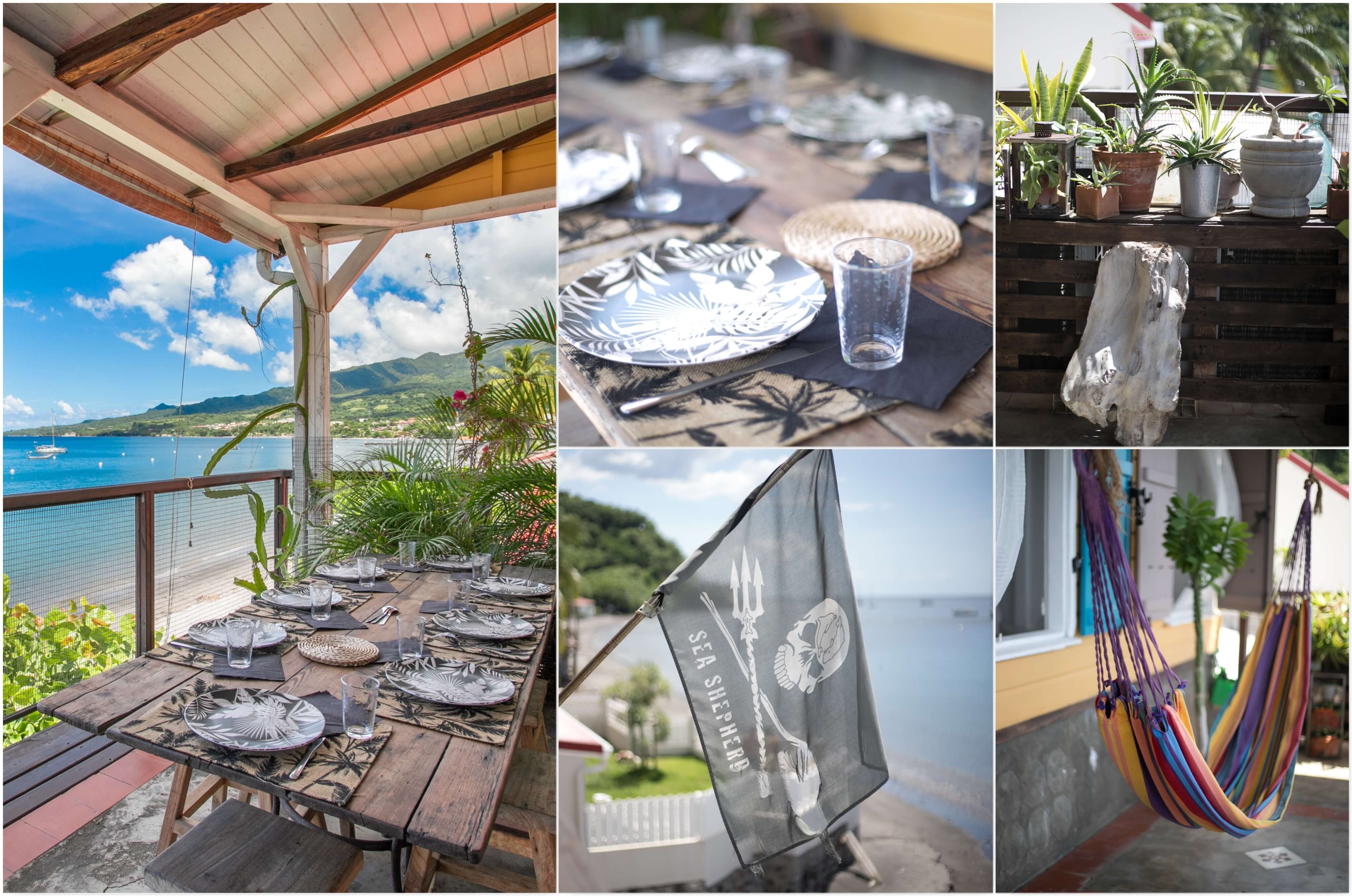 Terrasse de la Maison Manman dlo avec vue sur la plage et la baie de Saint-Pierre